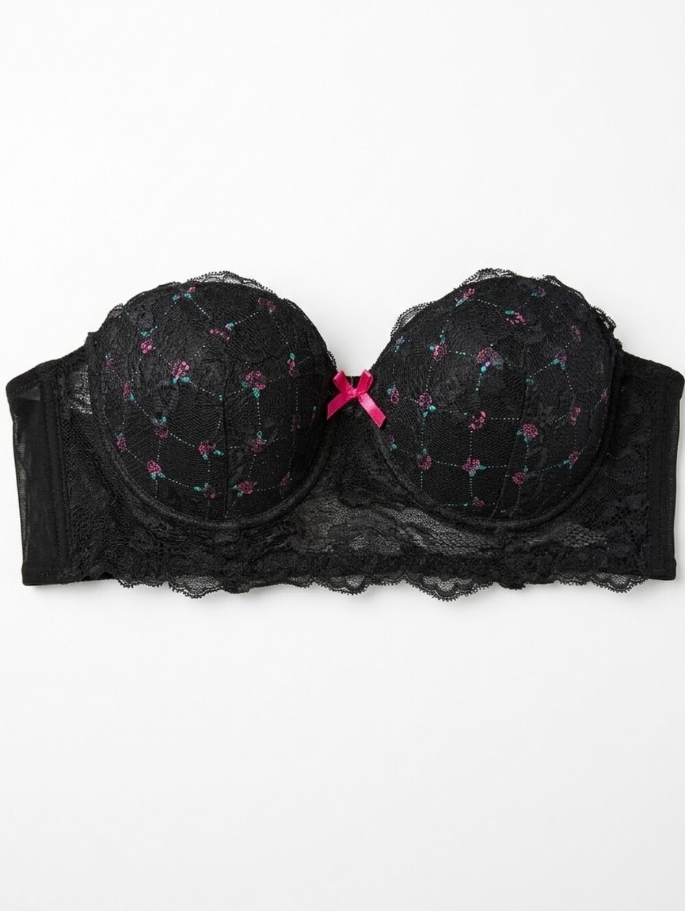 Rene Rofe Black Lace Underwire Strapless Bra Pink Floral Rose Embroidery 36C